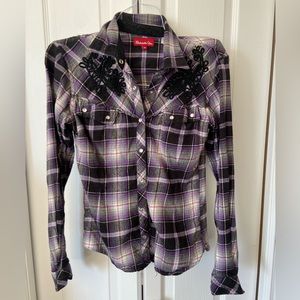 Fitted Black & purple western button up shirt